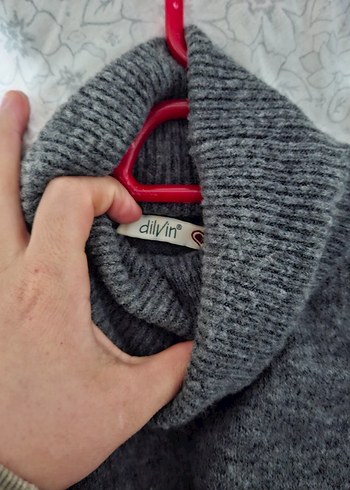 Gri Uzun Kollu Boğazlı Triko Elbise - Görsel 3