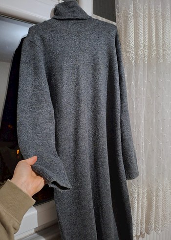 Gri Uzun Kollu Boğazlı Triko Elbise - Görsel 2