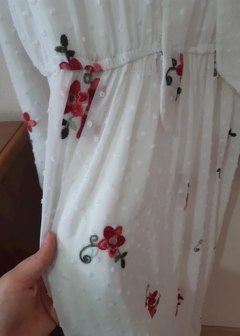 Uzun Kollu Beyaz Nakışlı Bohem Elbise - Görsel 2