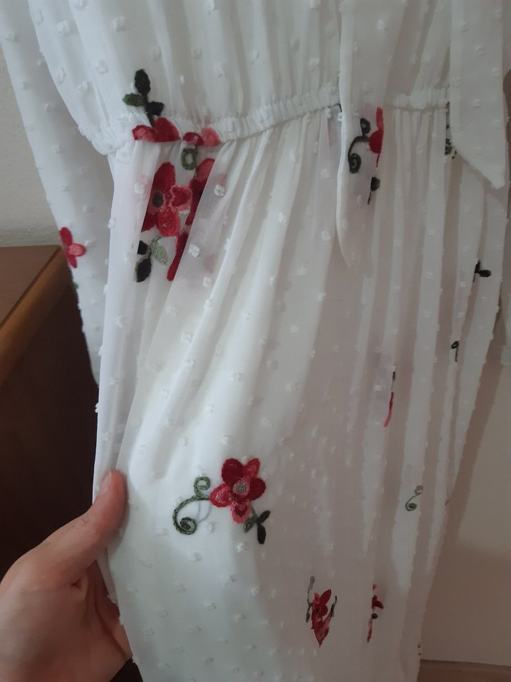 Uzun Kollu Beyaz Nakışlı Bohem Elbise - Görsel 2