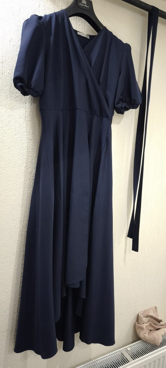 Lacivert Drapeli Uzun Kadın Elbise - Görsel 3