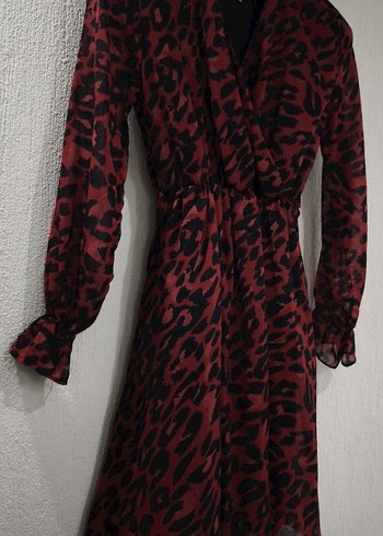 Bordo Leopar Desenli V Yakalı Şifon Elbise - Görsel 6