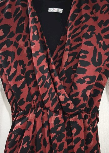 Bordo Leopar Desenli V Yakalı Şifon Elbise - Görsel 2