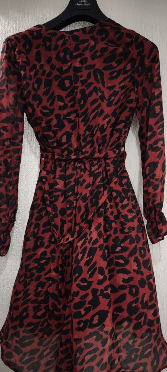Bordo Leopar Desenli V Yakalı Şifon Elbise - Görsel 3