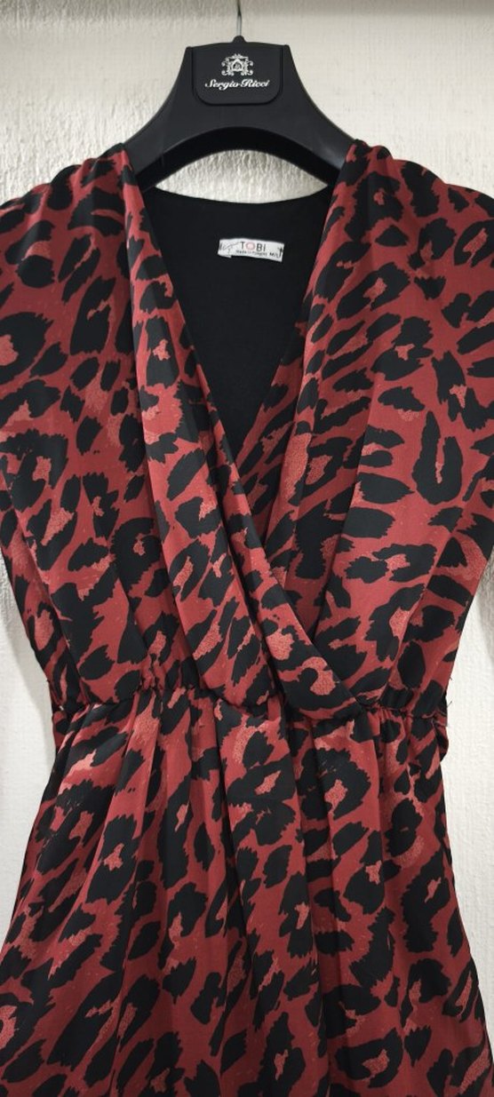 Bordo Leopar Desenli V Yakalı Şifon Elbise - Görsel 2