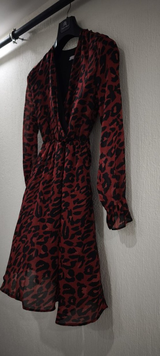 Bordo Leopar Desenli V Yakalı Şifon Elbise - Görsel 4