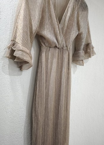 Bej Piliseli Uzun Kadın Elbise - Görsel 3