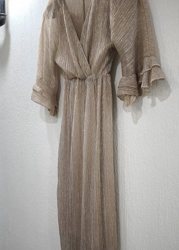 Bej Piliseli Uzun Kadın Elbise - Görsel 2