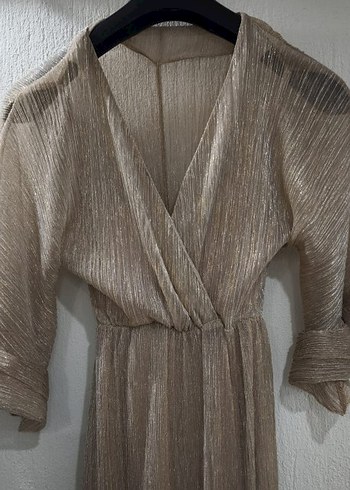 Bej Piliseli Uzun Kadın Elbise - Görsel 4