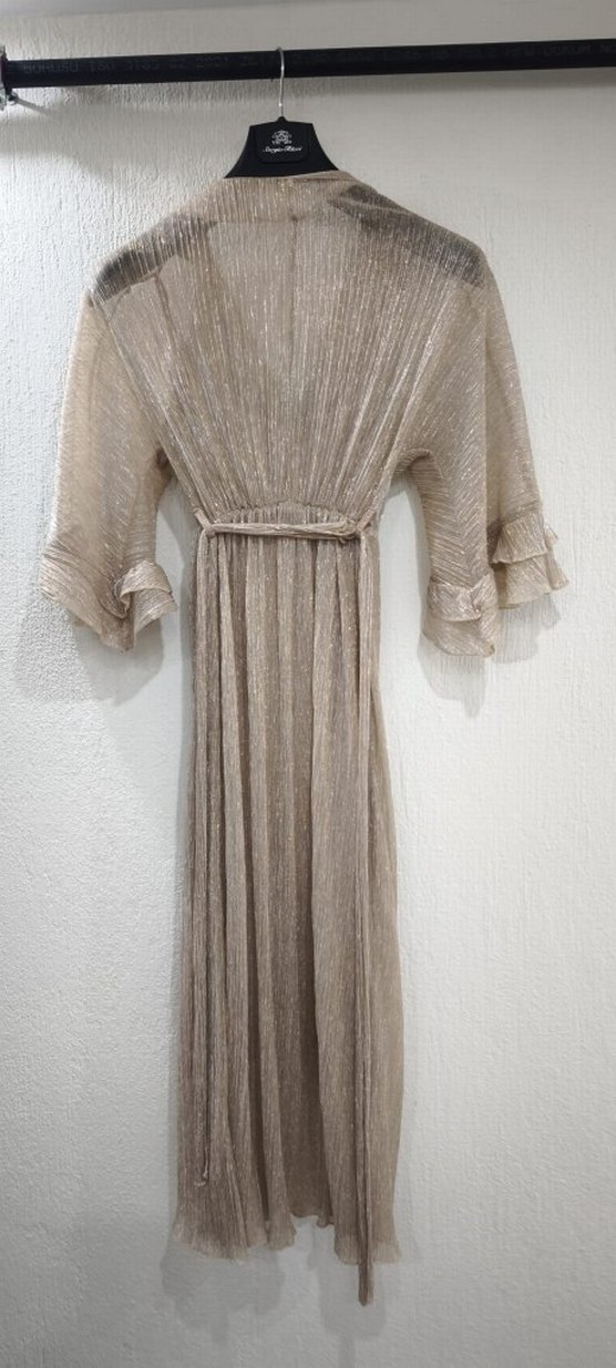 Bej Piliseli Uzun Kadın Elbise - Görsel 5