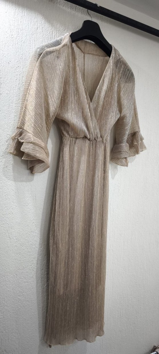 Bej Piliseli Uzun Kadın Elbise - Görsel 3