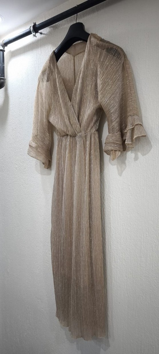 Bej Piliseli Uzun Kadın Elbise - Görsel 2