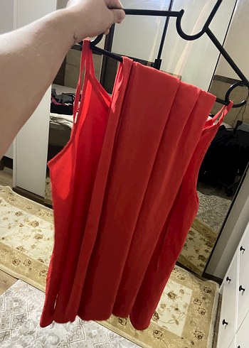 Kırmızı Midi V Yaka Salaş Elbise - Görsel 2