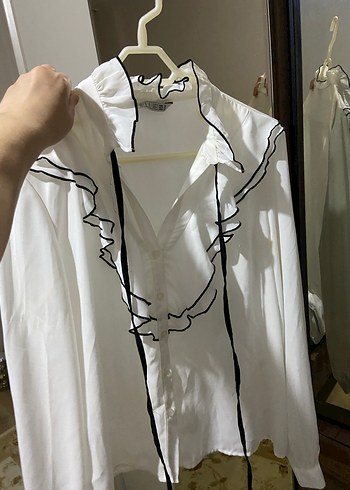 Volanlı, Askılı, Beyaz Keten Kadın Gömlek - Görsel 2