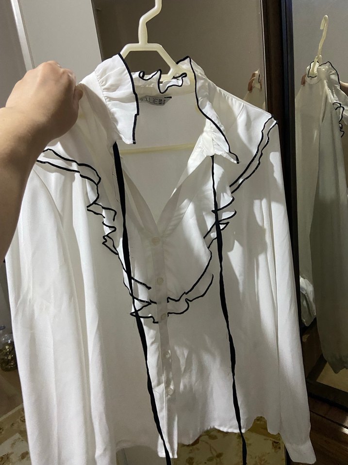 Volanlı, Askılı, Beyaz Keten Kadın Gömlek - Görsel 2