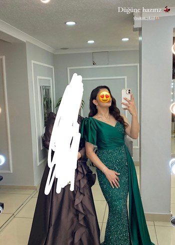 Yeşil Parlak Drapeli Uzun Abiye Elbise - Görsel 2