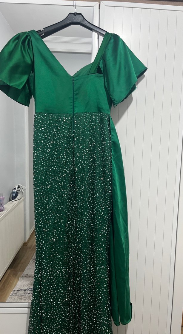 Yeşil Parlak Drapeli Uzun Abiye Elbise - Görsel 5