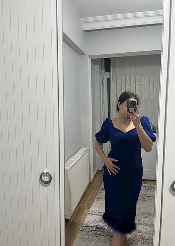 V yaka mavi midi elbise - Görsel 2