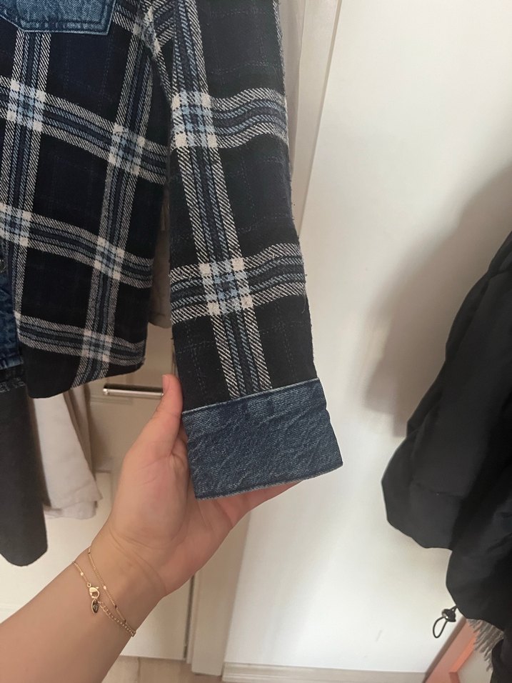 Düğmeli Denim ve Ekose Kadın Gömlek - Görsel 4