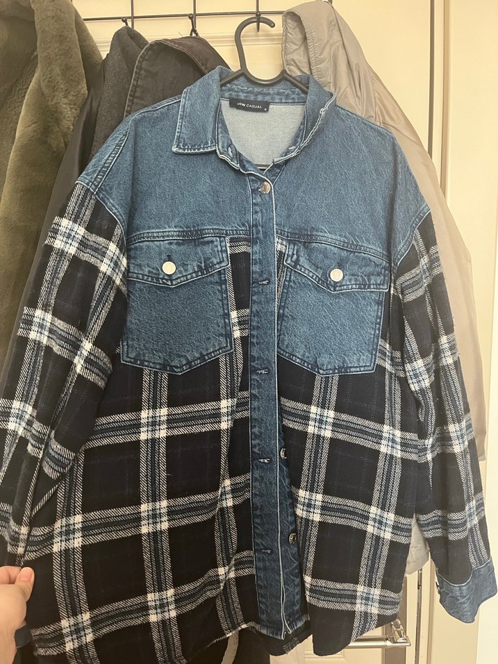 Düğmeli Denim ve Ekose Kadın Gömlek - Görsel 5