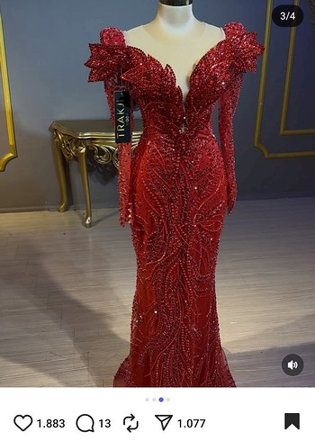 Kırmızı Boncuk İşlemeli Uzun Bohem V Yaka Abiye - Görsel 3