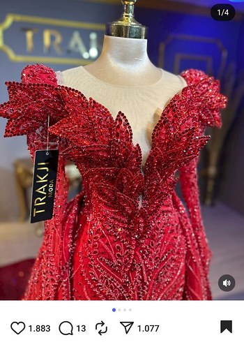 Kırmızı Boncuk İşlemeli Uzun Bohem V Yaka Abiye - Görsel 4