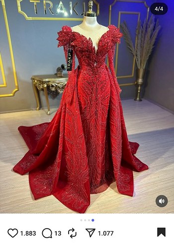 Kırmızı Boncuk İşlemeli Uzun Bohem V Yaka Abiye - Görsel 2