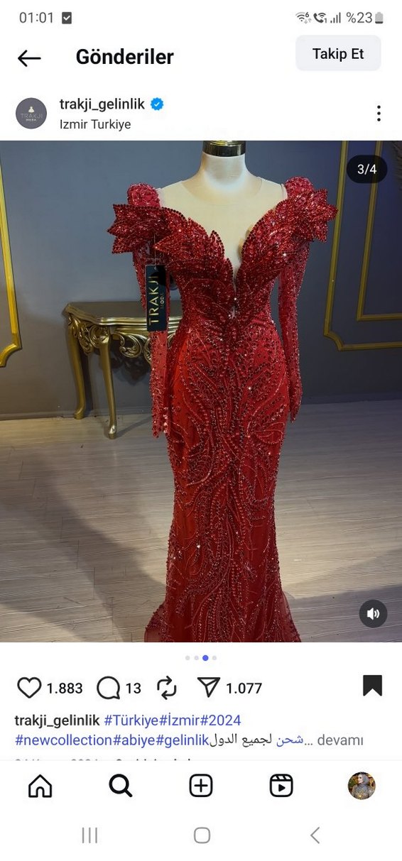 Kırmızı Boncuk İşlemeli Uzun Bohem V Yaka Abiye - Görsel 3