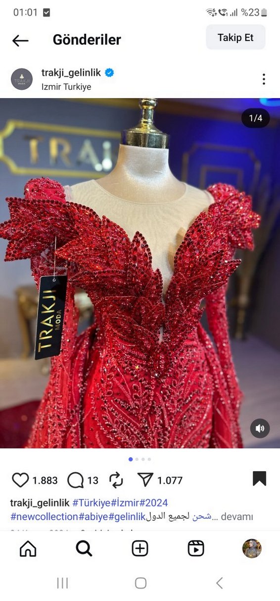 Kırmızı Boncuk İşlemeli Uzun Bohem V Yaka Abiye - Görsel 4