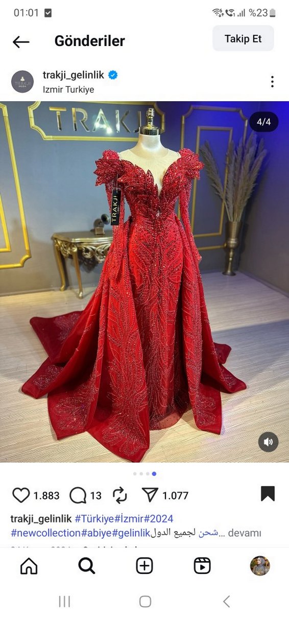 Kırmızı Boncuk İşlemeli Uzun Bohem V Yaka Abiye - Görsel 2