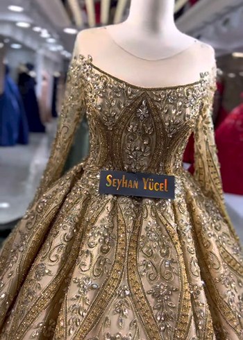 Uzun Kollu İşlemeli Altın Renk Kadın Abiye nişanlık kınalık - Görsel 2