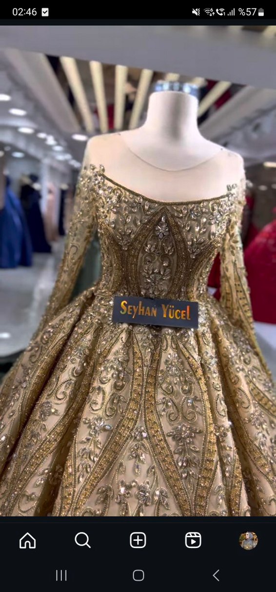 Uzun Kollu İşlemeli Altın Renk Kadın Abiye nişanlık kınalık - Görsel 2