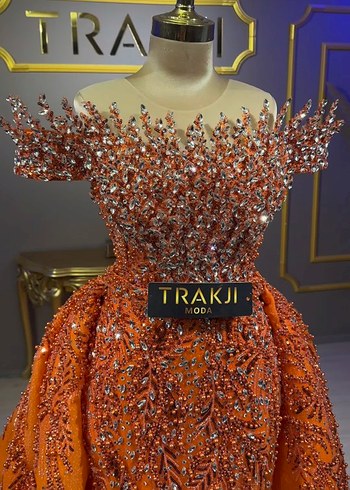 Boncuk İşlemeli Straplez Turuncu Uzun Abiye - Görsel 3