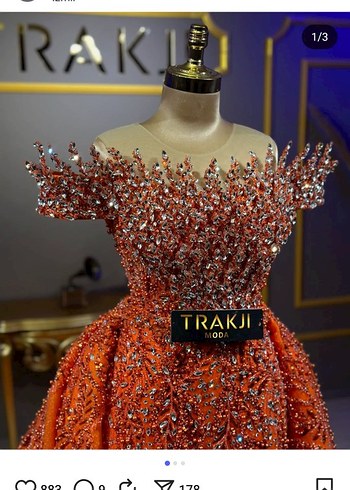 Boncuk İşlemeli Straplez Turuncu Uzun Abiye - Görsel 2