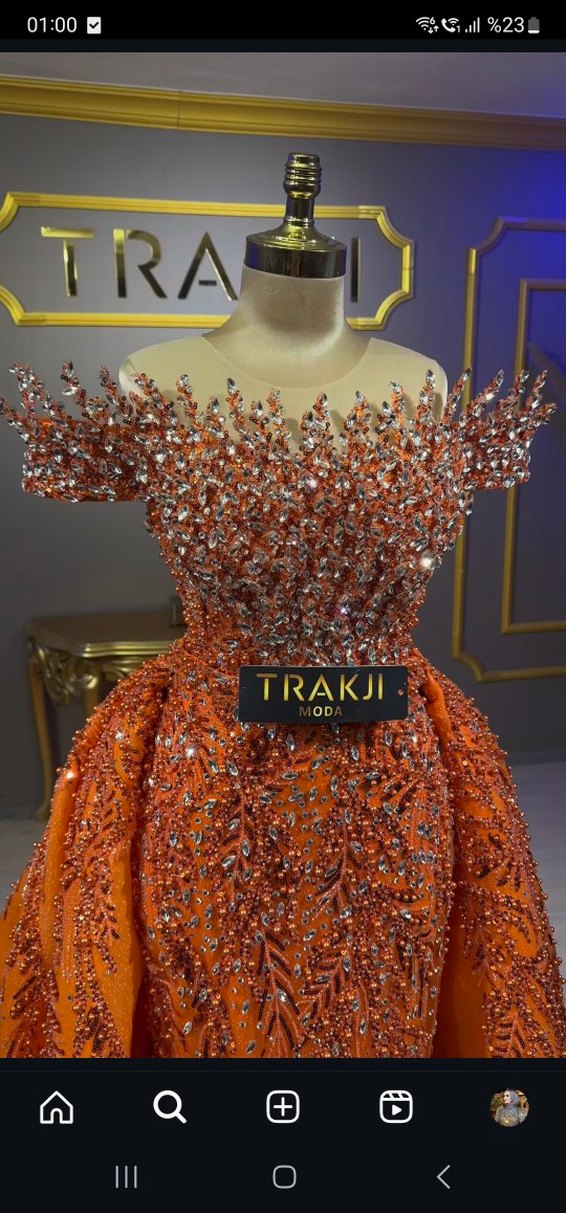 Boncuk İşlemeli Straplez Turuncu Uzun Abiye - Görsel 3