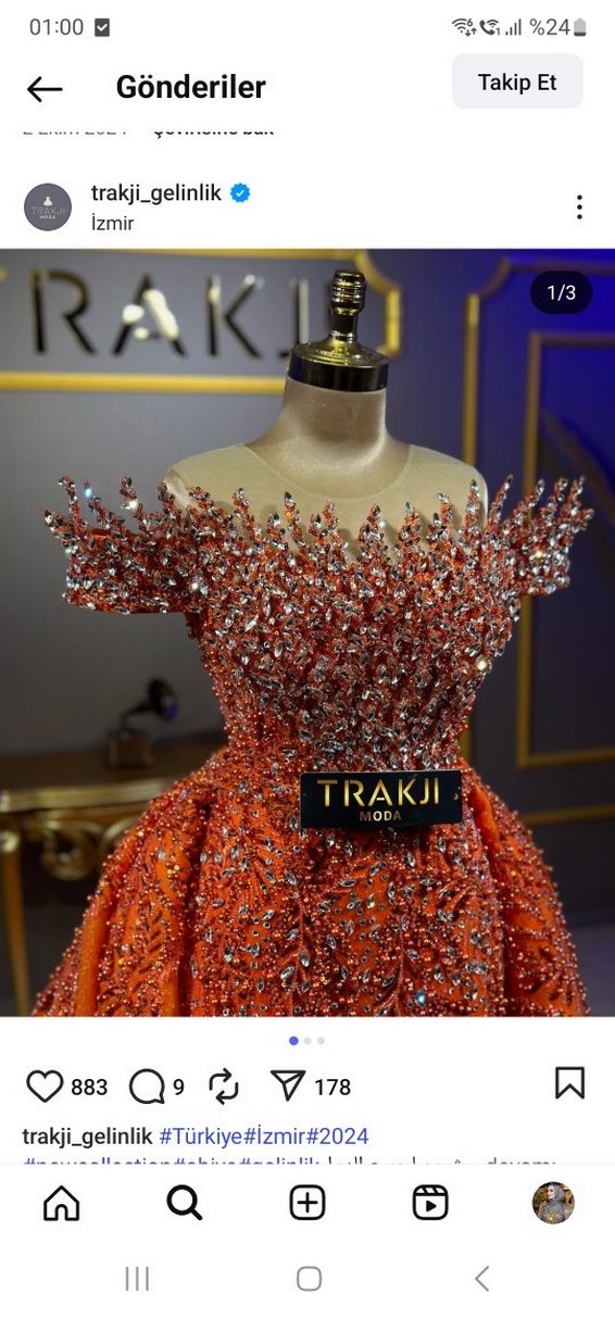 Boncuk İşlemeli Straplez Turuncu Uzun Abiye - Görsel 2