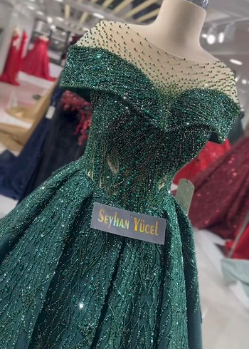 İnci İşlemeli Yeşil Uzun Abiye Elbise nişanlık kınalık - Görsel 2