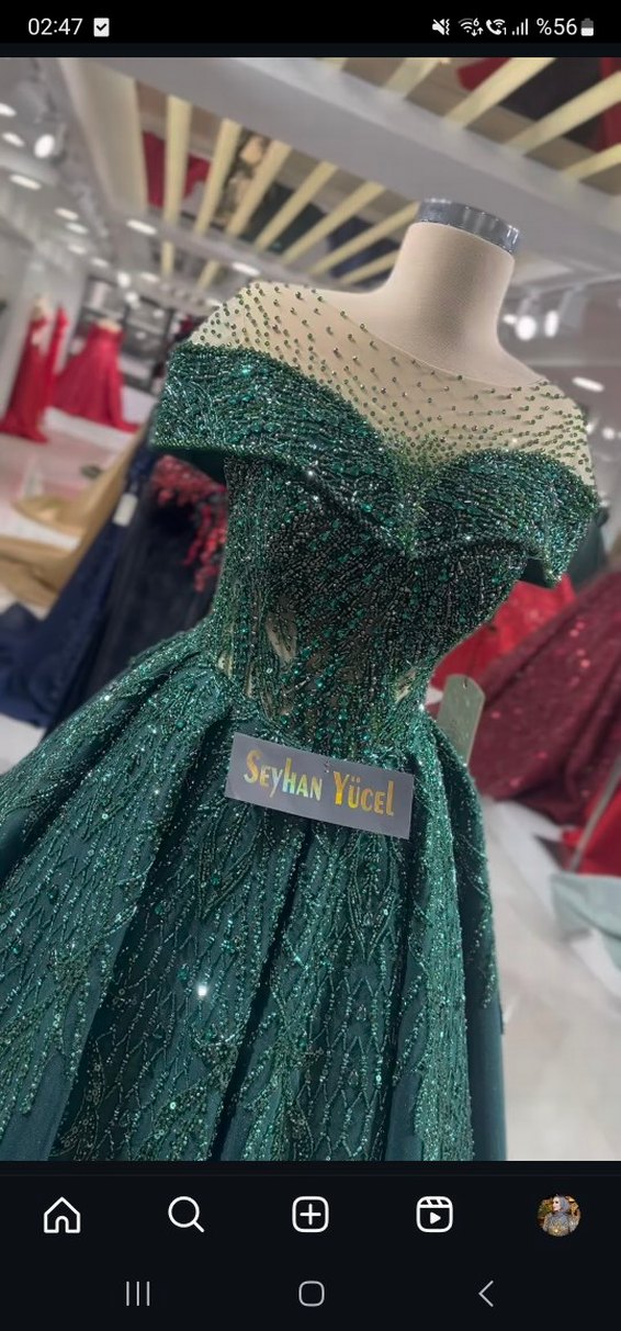 İnci İşlemeli Yeşil Uzun Abiye Elbise nişanlık kınalık - Görsel 2