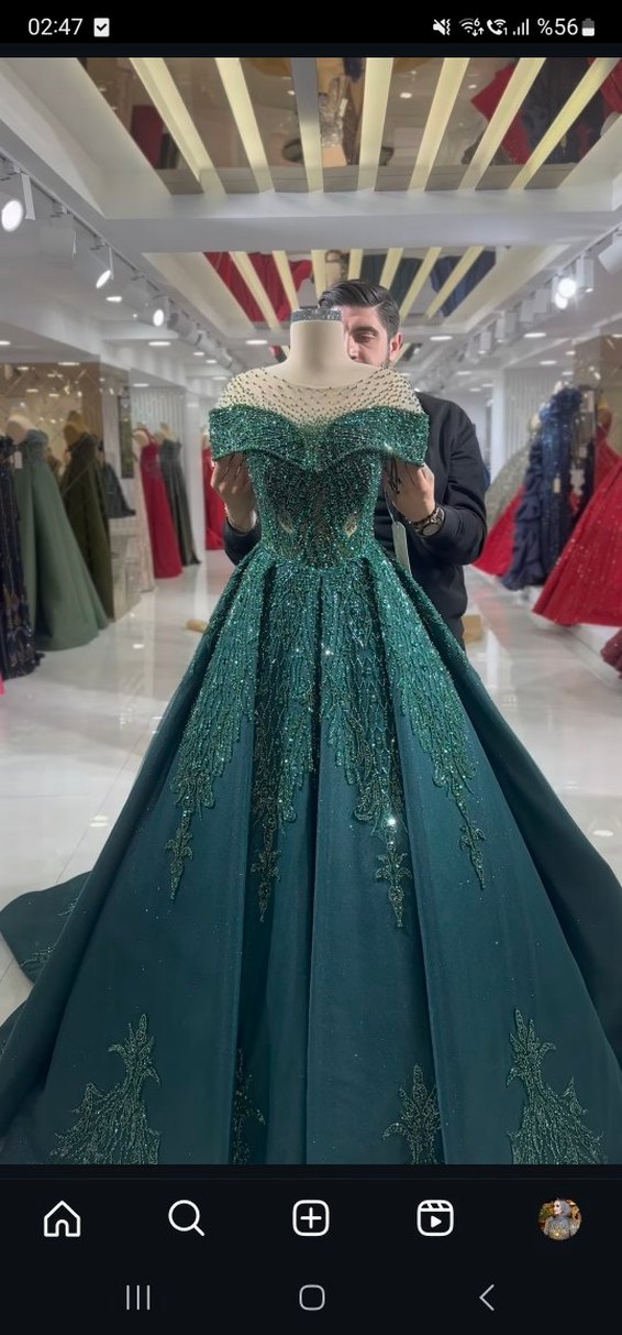 İnci İşlemeli Yeşil Uzun Abiye Elbise nişanlık kınalık - Görsel 3