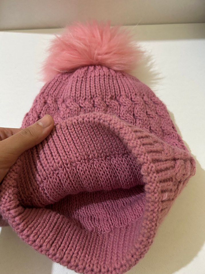 Pembe Örgü Kadın Bere Ponponlu - Görsel 2