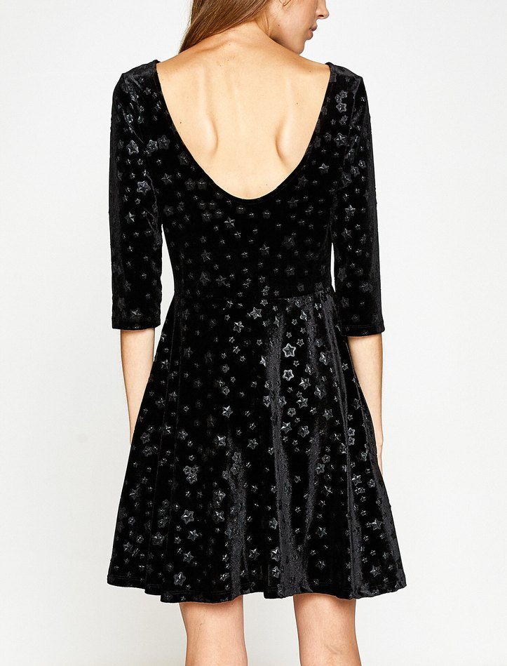 Koton Kadife Uzun Kollu Düz Siyah Elbise - Görsel 4