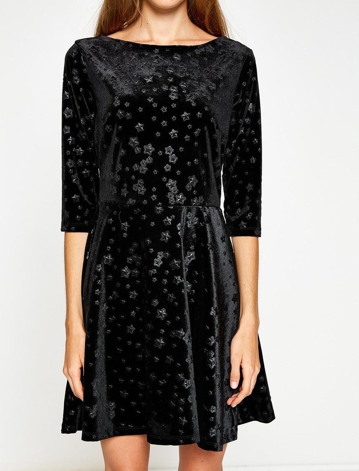 Koton Kadife Uzun Kollu Düz Siyah Elbise - Görsel 5