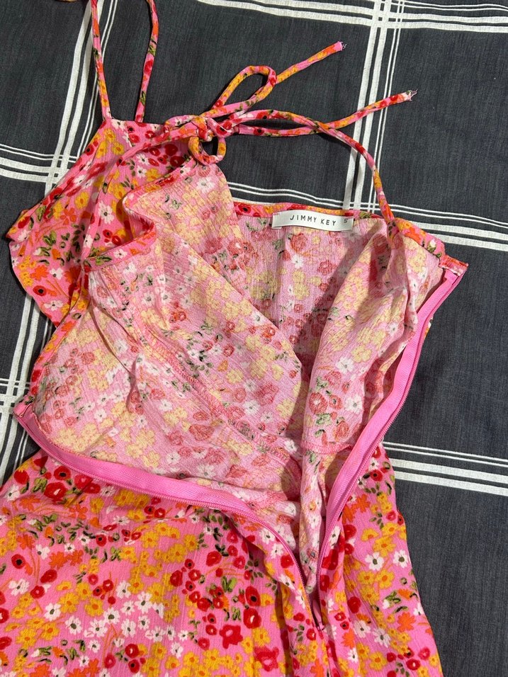 Pembe Çiçekli Askılı Midi Elbise - Görsel 3