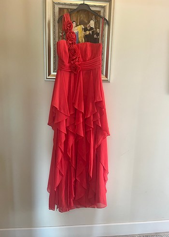 Kırmızı Drapeli Uzun Abiye Elbise - Görsel 3