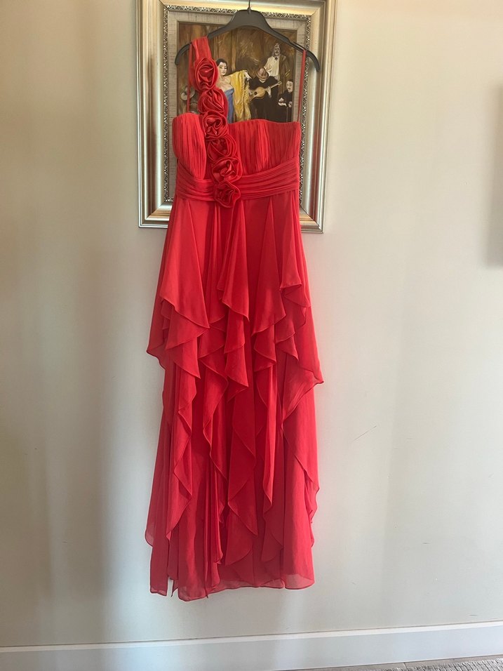 Kırmızı Drapeli Uzun Abiye Elbise - Görsel 3