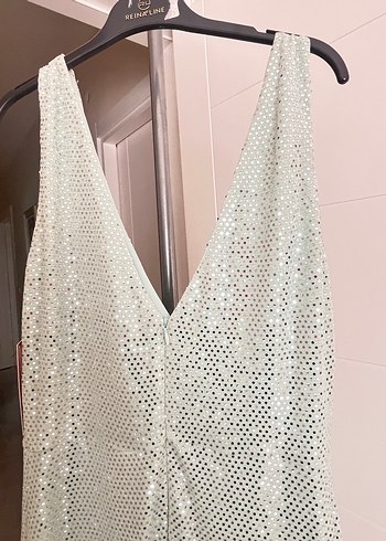 Bej V Yaka Drapeli Uzun Abiye Elbise - Görsel 4