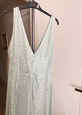 Bej V Yaka Drapeli Uzun Abiye Elbise - Görsel 3