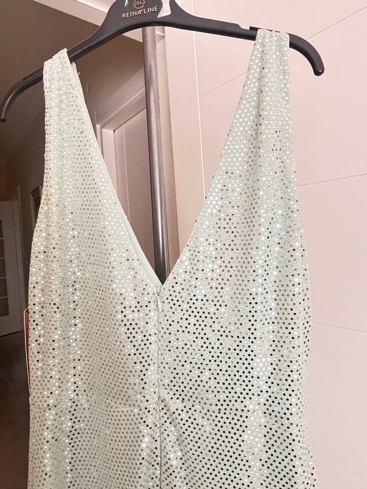 Bej V Yaka Drapeli Uzun Abiye Elbise - Görsel 4