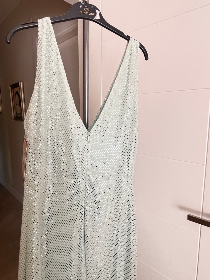 Bej V Yaka Drapeli Uzun Abiye Elbise - Görsel 3