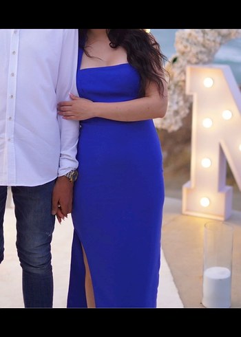 Parlak Mavi Straplez Uzun Abiye Elbise - Görsel 2